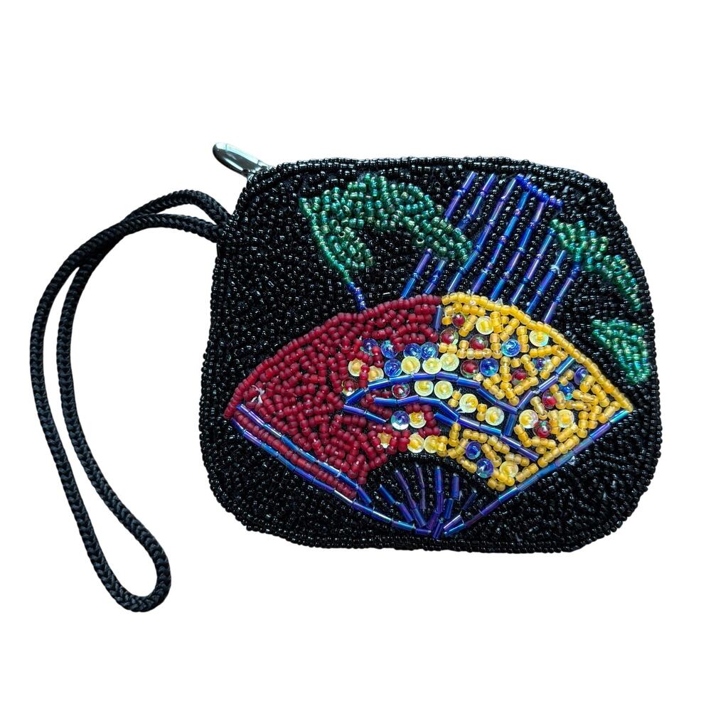 Chico’s beaded coin purse Asian Fan motif multi color seed beads zips closed